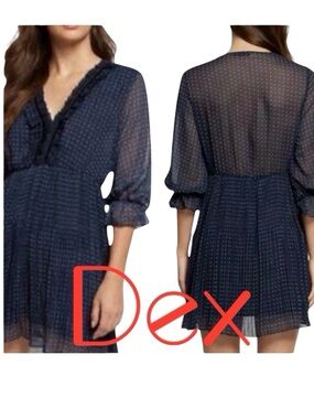 Dex Navy Polka Dot Ruffle/Pleated V-Neck 3/4 Sleeve Chiffon Mini Dress (XS)